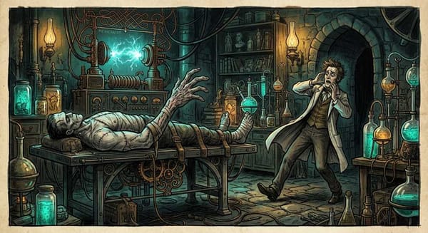 Victor Frankenstein retreating from his Creature in the laboratory, the moment of abandoned creation.