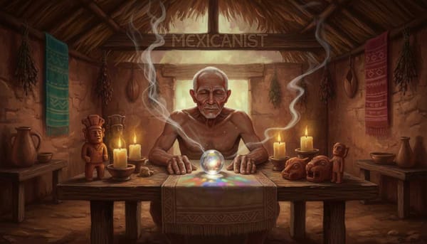 A Maya h’men spiritual guide performing zaz tun divination with a glass marble at a candlelit altar in Yucatán.