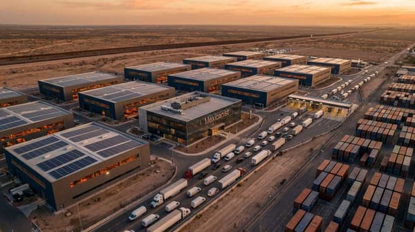 A modern manufacturing industrial parks near the US-Mexico border showing the scale of nearshoring investment.