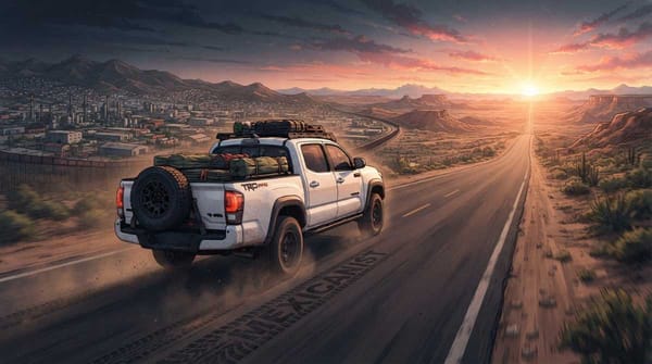 A Toyota Tacoma driving away from a Mexican factory toward a Texas sunrise.