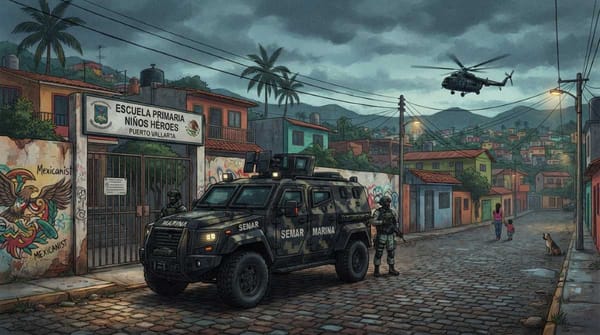 A heavy armored Rhino tactical vehicle parked directly in front of a quiet suburban elementary school.