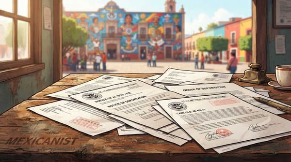 A rustic Mexican wooden desk cluttered with official government letters stamped with the ICE seal.