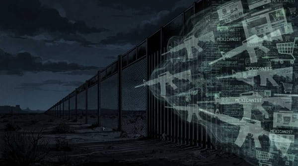 A dark, horizontal illustration showing a silhouette of the US-Mexico border fence at night.
