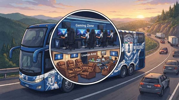 A horizontal digital illustration of a sleek double-decker Pachuca team bus traveling on a highway.