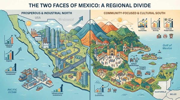 Artistic illustration of a stylized map of Mexico, divided visually into two distinct halves.
