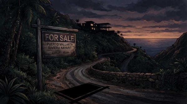 A moody, horizontal illustration of a lone, high-end real estate sign standing on a winding.